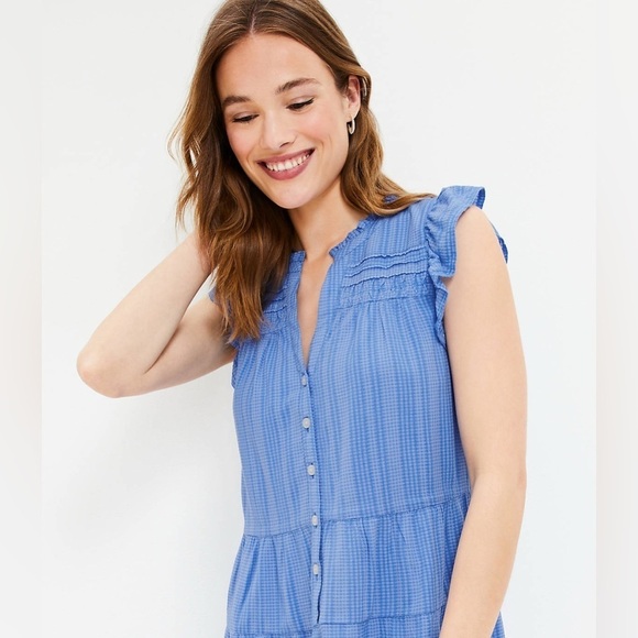 LOFT Striped Flutter Sleeve Button Down Tiered Swing Dress - Picture 2 of 6